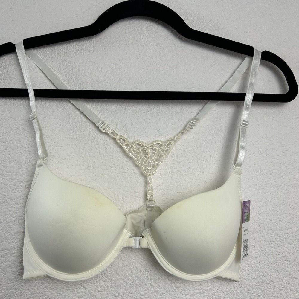 Hers by Herman White Front Close Racerback Bra Lace Butterfly Back 32B B1101-3